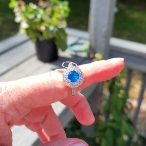 Sapphire Diamond Ring | Platinum Plated 925 Sterling Silver Size 8